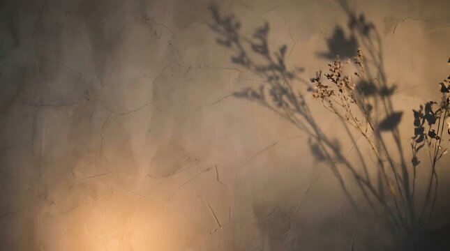 Abstract floral shadow cast on a textured beige wall with warm candlelight glow in the corner abstract silhouette minimalist aesthetic interior background