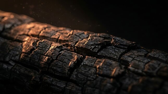 Close-up of charred wooden log with textured burnt surface and glowing embers in low light charcoal campfire material hardwood close-up combustion industrial