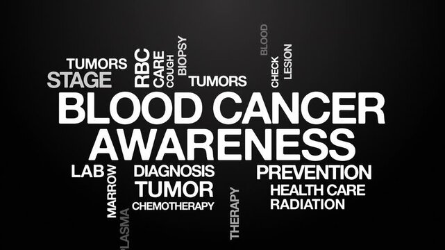 Blood cancer awareness concept Animated Tag Word Cloud kinetic typography, Text Design Animation typography seamless loop video motion graphics Intro Wordart arrangement white type on black backdrop