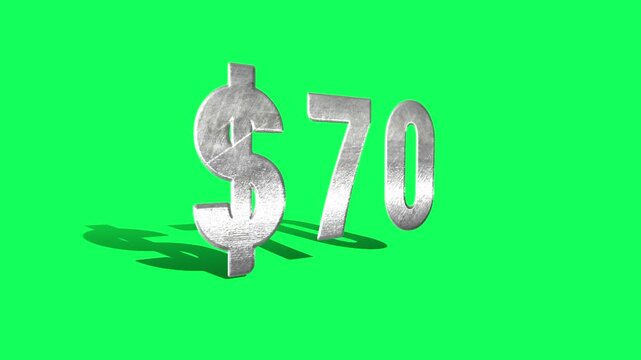 3D Silver Metallic 70 Dollar Price Tag Motion Element on Green Screen Background