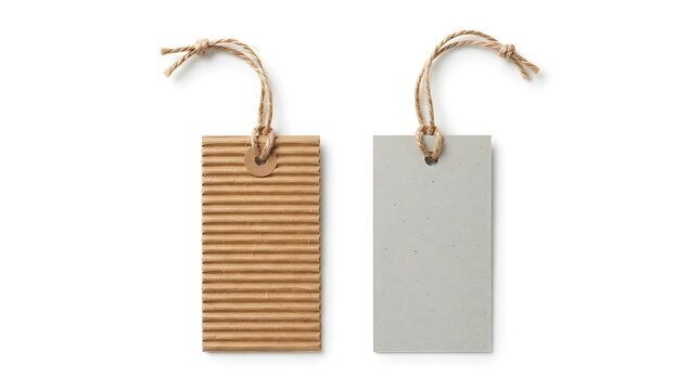 Two rectangular hanging tags made of brown corrugated cardboard and smooth gray paper isolated on a white background with attachments made textured