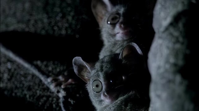 Two nocturnal galago primates perched on a tree branch in the dark forest at night