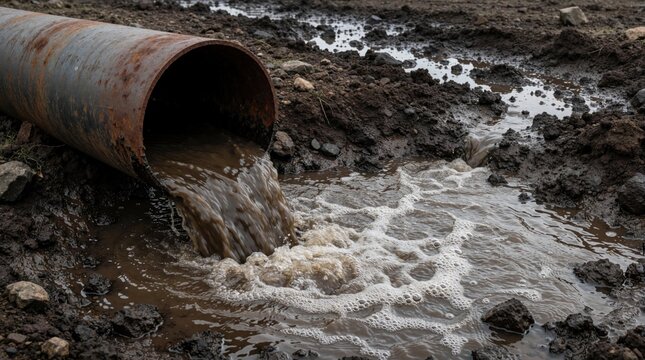 Large rusty metal pipe discharges dirty sewage liquid into muddy ground. Toxic industrial wastewater flows from drainage system causing soil pollution, environmental damage. Dark effluent creates