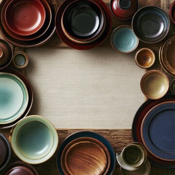 Traditional Japanese tableware with lacquerware bowls and plates surrounding clean central space for menu text