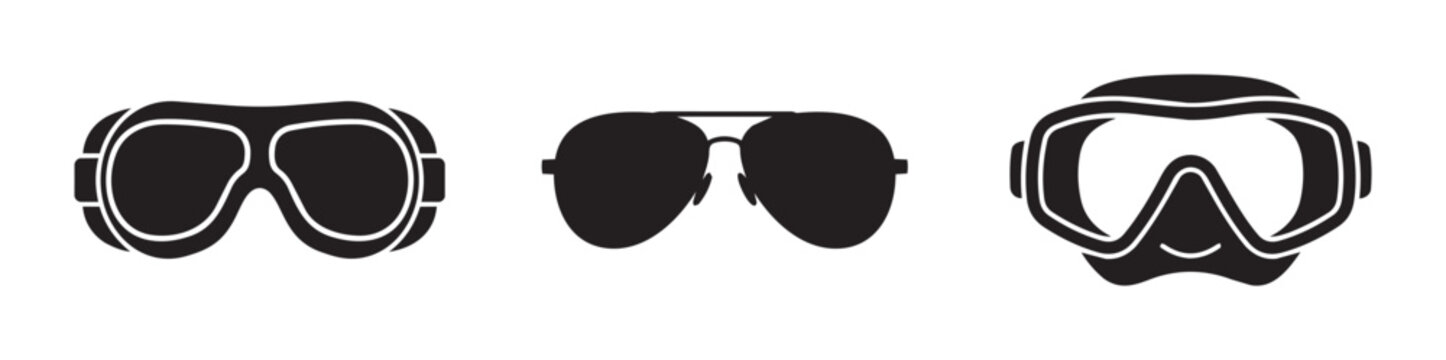 Goggles, sunglasses, and diving mask silhouettes set for eye protection, vision and travel