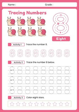 Educational math worksheet for children to practice writing, counting, and tracing the number eight (8). Printable handwriting and number recognition activity page designed for preschool, kindergarten