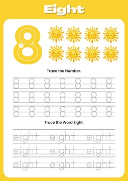 Educational math worksheet for children to practice writing, counting, and tracing the number eight (8). Printable handwriting and number recognition activity page designed for preschool, kindergarten