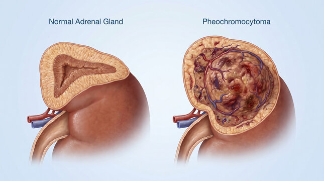3D Medical Illustration of Normal Adrenal Gland and Pheochromocytoma Tumor