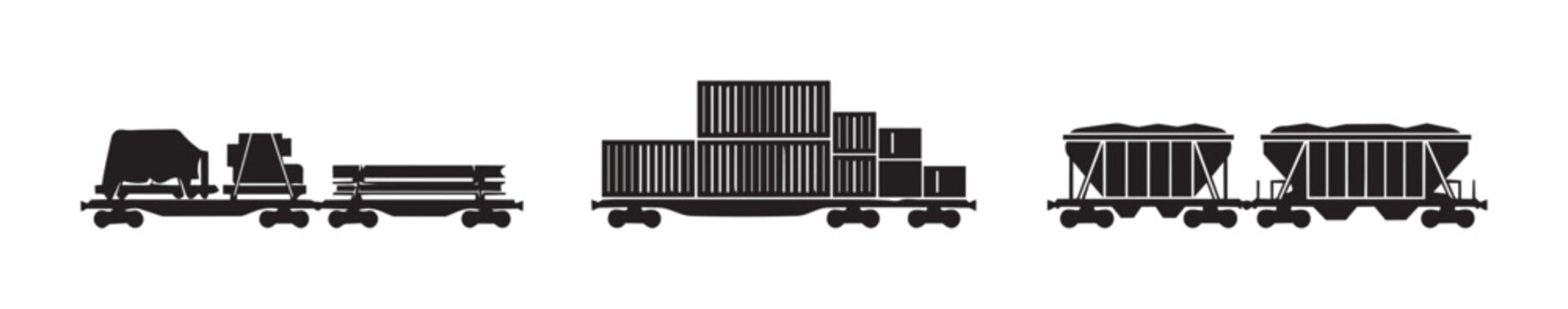 Freight train silhouettes set with cargo, containers and hoppers for transport, logistics and industry