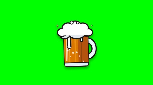 Cartoon animation of a beer mug with foam on a green screen