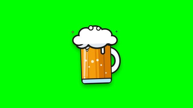 Cartoon animation of a foamy glass mug of cold beer on green background
