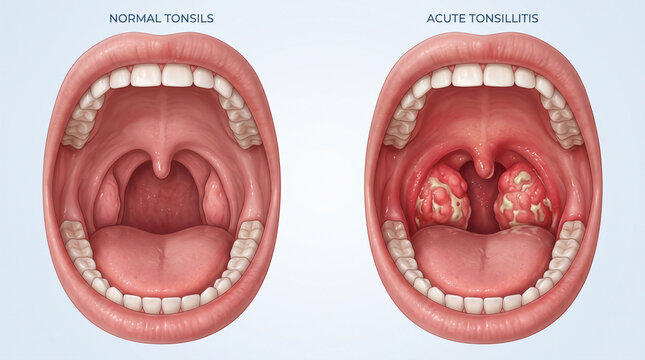 3D Medical Comparison of Normal Tonsils and Acute Tonsillitis in Mouth