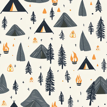 Camping Adventure Pattern with Tents, Trees, and Campfire Elements