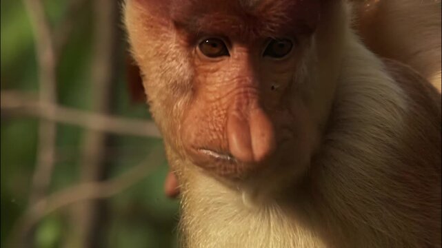 Close up portrait of a proboscis monkey in the wild forest habitat during the golden hour