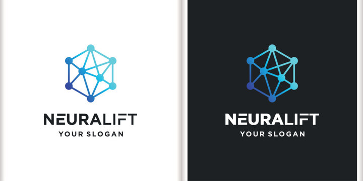 3D Hexagon Blue Neural Network Logo Vector Template featuring Node Connectivity for Neuralift, Artificial Intelligence, AI, Cloud Computing, Cyber Security, and Tech Brand.