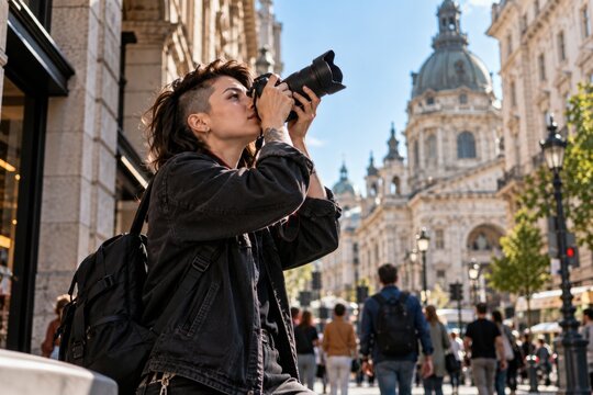 Young female photographer with edgy hairstyle taking photos with a professional camera on a crowded street in a historic European city, urban travel lifestyle and architecture photography.