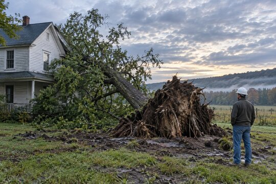 inspector examines a fallen tree after wind damage