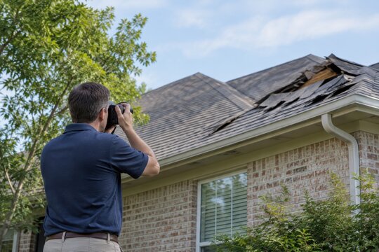 inspector photographs storm damage on a roof