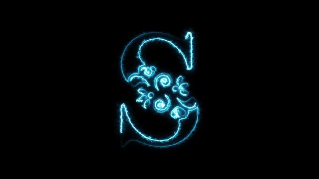 Glowing blue neon letter S with floral design on black background alphabet 4k video.