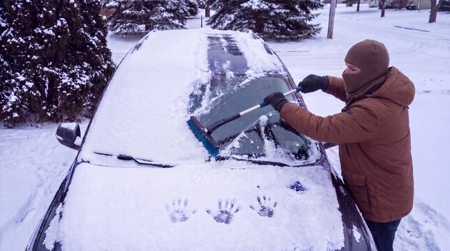 Man cleaning snow from car windshield with brush in winter