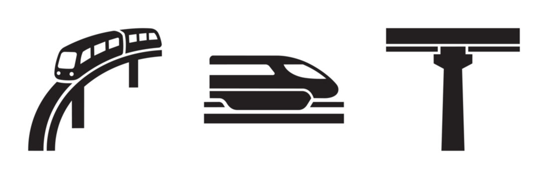 Monorail and high-speed train silhouettes set with elevated track for transport and travel
