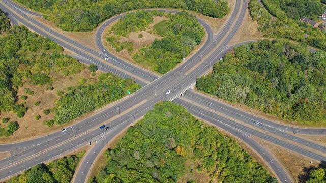 Aerial View of Traffic on a Cloverleaf Interchange