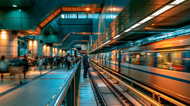 Busy metro station with moving train and commuters on crowded platform showing urban transportation and fast paced city life