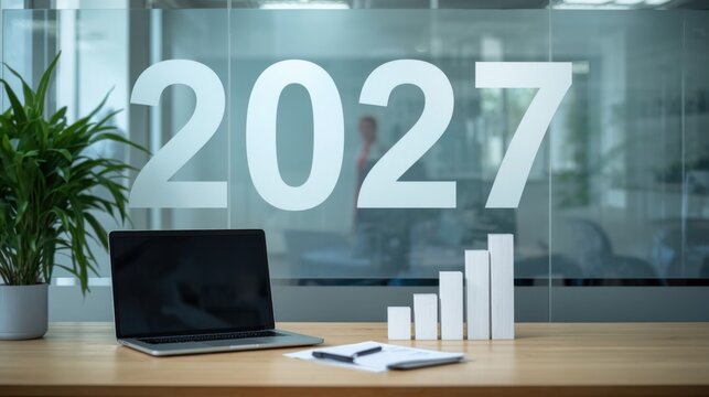 N&uacute;mero moderno 2027 exhibido en una pared de vidrio de oficina, junto a una computadora port&aacute;til y un gr&aacute;fico de crecimiento sobre un escritorio de madera