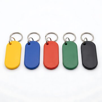 Five colorful plastic key tags with metal rings for organization and identification of keys. customizable key fob