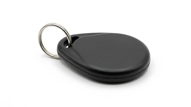 Black plastic rfid key fob remote control tag with a silver metal ring for door access security. customizable key fob