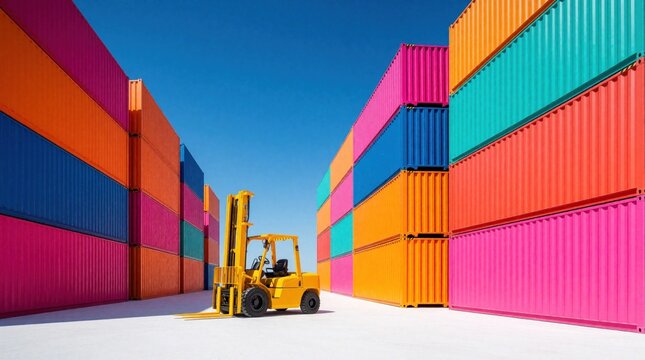 Yellow forklift moves between tall stacks of colorful shipping containers. Bright pink, orange, blue, green cargo boxes create narrow alley in logistics yard. Industrial transport equipment works in