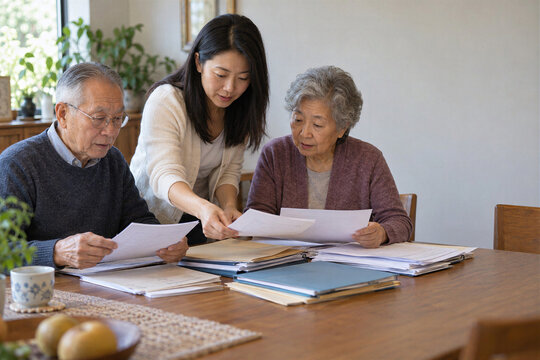 Asian daughter helping senior parents sort financial documents, bills at kitchen table, retirement paperwork