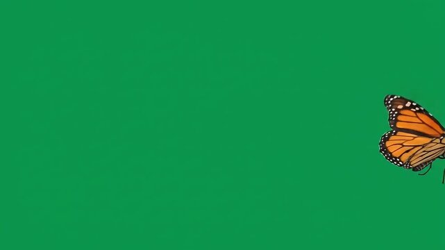 Orange butterfly flying across the frame with flapping wings, green screen