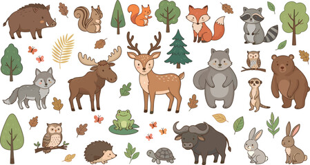 Fototapeta premium Cute Colored Woodland Forest Animals Vector Element Set with Deer Bear Fox Moose and Wild Boar for Kids Stickers Nursery Decals and Patterns