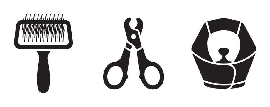 Pet grooming tools set with brush, nail clippers and cone collar for animal care logo