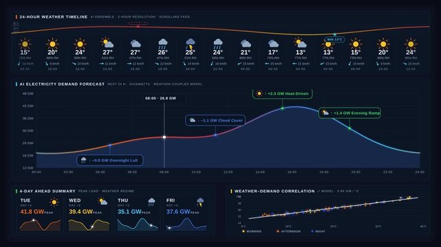 Explore an advanced AI demand prediction interface featuring weather-driven electricity consumption forecasts with dynamic visualizations and real-time data analysis.