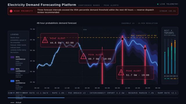 Explore an advanced electricity demand forecasting platform featuring animated confidence bands and peak alerts, designed for premium commercial use with a sleek dark mode aesthetic.