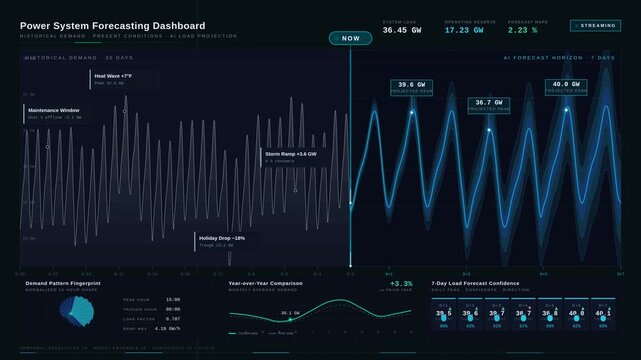 Experience a stunning 4K power system forecasting dashboard showcasing historical demand and future load curves in a cinematic dark mode aesthetic. for commercial creative technology and business use.