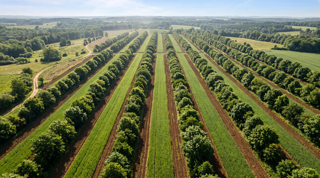 Aerial view of an agroforestry system with tree rows integrated into agricultural crops, illustrating sustainable land use, biodiversity and climate-resilient farming