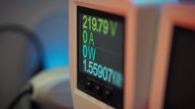 A close-up of a smart socket screen displaying voltage and current data. Concept of monitoring and managing electrical appliances and power consumption in a smart home system