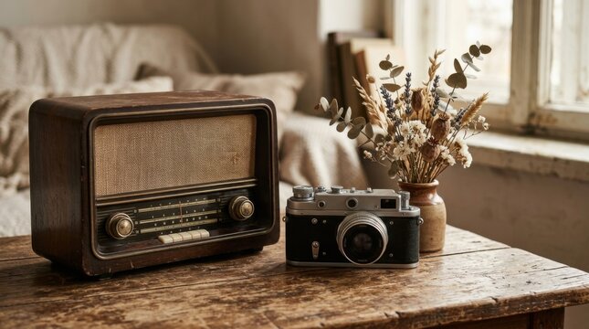 Vintage Radio and Camera Set on Wooden Table with Dried Flowers