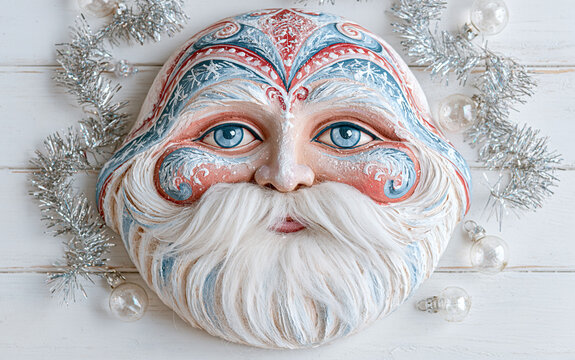 Vintage Russian Ded Moroz Papier-M&acirc;ch&eacute; Mask with Beard on a Festive Table