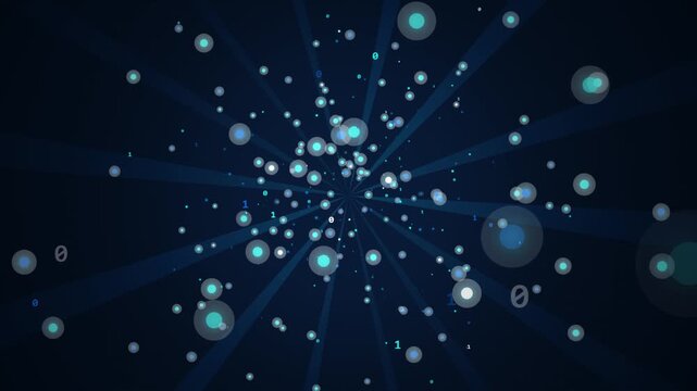 Abstract data flow with binary numbers and glowing dots moving towards camera in digital universe with blue light rays.
