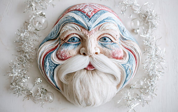 Vintage Russian Ded Moroz Papier-M&acirc;ch&eacute; Mask with Beard on a Festive Table