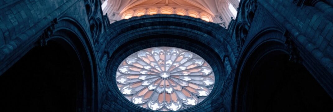 Gothic cathedral rose window framed by vaulted arches wide interior view for architectural background banner wallpaper