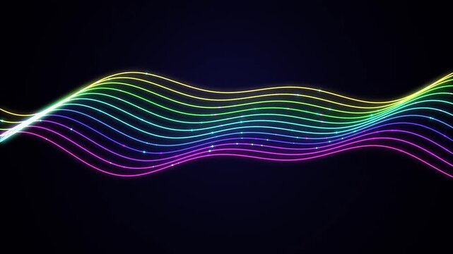 Rainbow neon wave lines flowing with glowing particles on dark background.