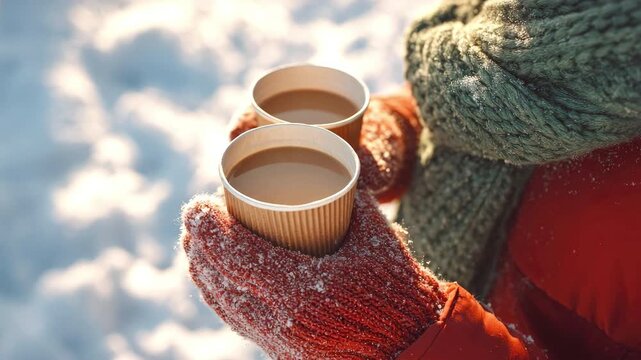 A woman wearing knitted gloves holds two paper coffee cups outdoors on a sunny, snowy day. Winter walk and takeaway coffee concept