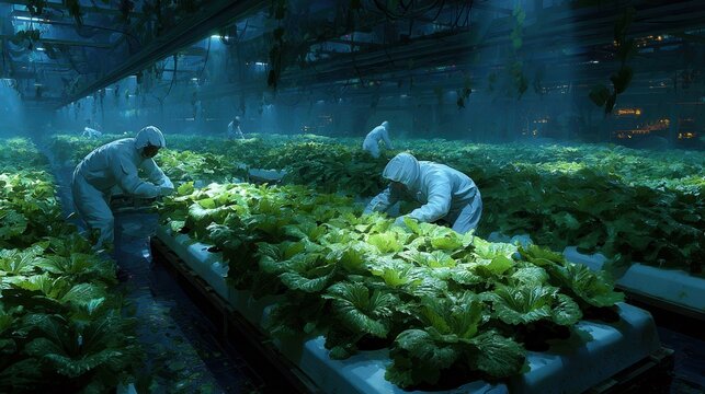 Indoor Vertical Farm Workers Harvesting Lettuce in Controlled Environment Agriculture Facility.