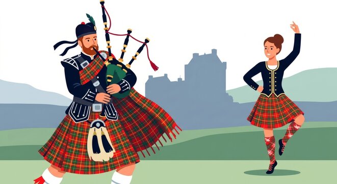 An attractive illustration of a Scottish man in a tartan kilt and girl in Highland dress, playing a bagpipe with dynamic movement