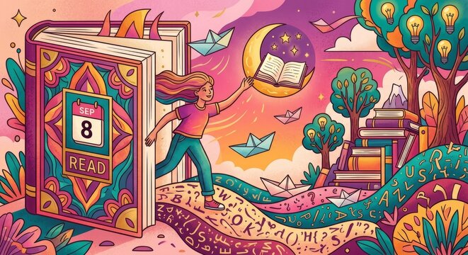 A dynamic, Vector doodle illustration where a young person steps out of a massive open book, unfolding a fantastical landscape of flying paper boats, letter-filled seas, and book-mountains.